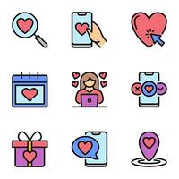online dating color line icons set. like, relationship, search, conversation, calendar, chat, meeting, romance, support, date, social, application, media, bubble, letter, message vector