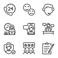 Customer support line icons set. satisfaction, question, rating, answer, feedback, info, operator, user, advice, agent, assist, assistant, guide, manual, solution, client, contact vector