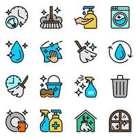 cleaning color line icons set. wash, spray, stroke, dust, hygiene, outline, cloth, maid, drop, liquid, service, window, brush, tool, housekeeping, dirty, soap, washing, mop, household, work, washer vector