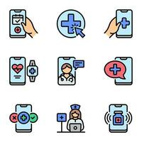 online healthcare color line icons set. heartbeat, pulse, nurse, hospital, icon set, health care, diagnosis, insurance, pharmacy and stethoscope vector