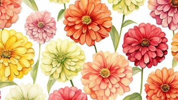 Seamless pattern of Zinnia flower in watercolor style isolated on white background. Zinnia flower texture background. Generative AI photo