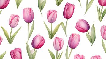 Seamless pattern of Tulip flower in watercolor style isolated on white background. Tulip flower texture background. Generative AI photo