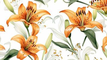 Seamless pattern of Tiger Lily flower in watercolor style isolated on white background. Tiger Lily flower texture background. Generative AI photo