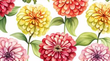 Seamless pattern of Zinnia flower in watercolor style isolated on white background. Zinnia flower texture background. Generative AI photo