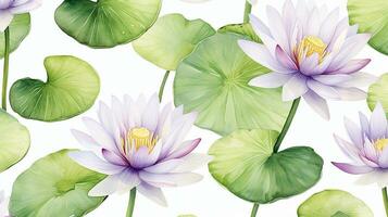 Seamless pattern of Water Lily flower in watercolor style isolated on white background. Water Lily flower texture background. Generative AI photo