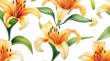 Seamless pattern of Tiger Lily flower in watercolor style isolated on white background. Tiger Lily flower texture background. Generative AI photo