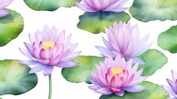 Seamless pattern of Water Lily flower in watercolor style isolated on white background. Water Lily flower texture background. Generative AI photo