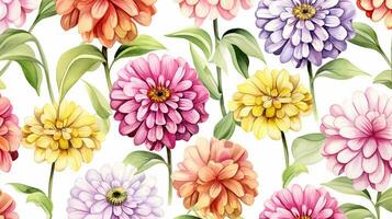 Seamless pattern of Zinnia flower in watercolor style isolated on white background. Zinnia flower texture background. Generative AI photo