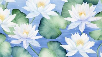 Seamless pattern of Water Lily flower in watercolor style isolated on white background. Water Lily flower texture background. Generative AI photo