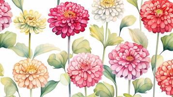 Seamless pattern of Zinnia flower in watercolor style isolated on white background. Zinnia flower texture background. Generative AI photo