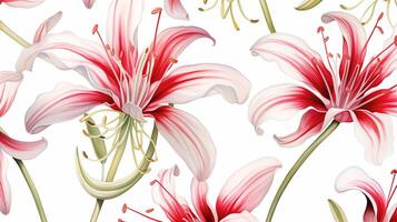 Seamless pattern of Spider Lily flower in watercolor style isolated on white background. Spider Lily flower texture background. Generative AI photo