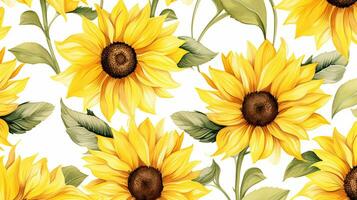 Seamless pattern of Sunflower flower in watercolor style isolated on white background. Sunflower flower texture background. Generative AI photo