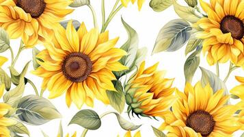 Seamless pattern of Sunflower flower in watercolor style isolated on white background. Sunflower flower texture background. Generative AI photo