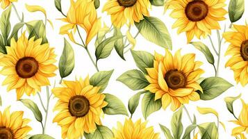Seamless pattern of Sunflower flower in watercolor style isolated on white background. Sunflower flower texture background. Generative AI photo