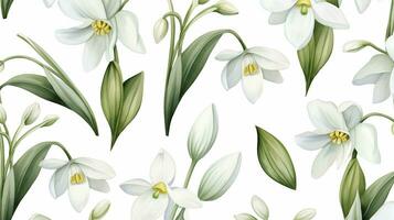 Seamless pattern of Snowdrop flower in watercolor style isolated on white background. Snowdrop flower texture background. Generative AI photo