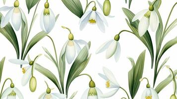 Seamless pattern of Snowdrop flower in watercolor style isolated on white background. Snowdrop flower texture background. Generative AI photo