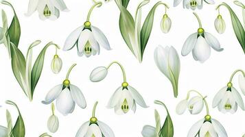 Seamless pattern of Snowdrop flower in watercolor style isolated on white background. Snowdrop flower texture background. Generative AI photo