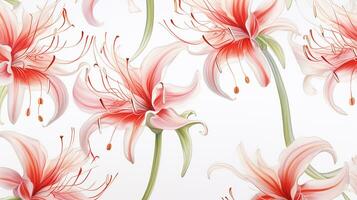 Seamless pattern of Spider Lily flower in watercolor style isolated on white background. Spider Lily flower texture background. Generative AI photo