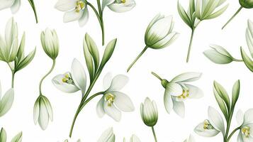 Seamless pattern of Snowdrop flower in watercolor style isolated on white background. Snowdrop flower texture background. Generative AI photo