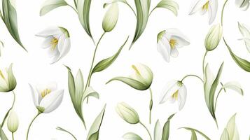 Seamless pattern of Snowdrop flower in watercolor style isolated on white background. Snowdrop flower texture background. Generative AI photo