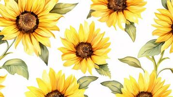 Seamless pattern of Sunflower flower in watercolor style isolated on white background. Sunflower flower texture background. Generative AI photo