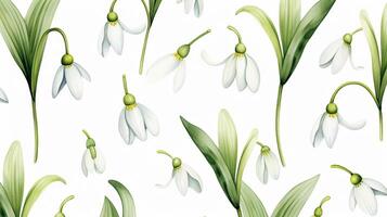 Seamless pattern of Snowdrop flower in watercolor style isolated on white background. Snowdrop flower texture background. Generative AI photo