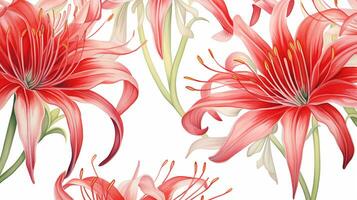 Seamless pattern of Spider Lily flower in watercolor style isolated on white background. Spider Lily flower texture background. Generative AI photo