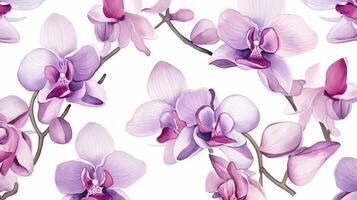 Seamless pattern of Orchid flower in watercolor style isolated on white background. Orchid flower texture background. Generative AI photo