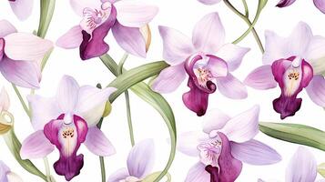 Seamless pattern of Orchid flower in watercolor style isolated on white background. Orchid flower texture background. Generative AI photo