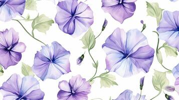 Seamless pattern of Petunia flower in watercolor style isolated on white background. Petunia flower texture background. Generative AI photo