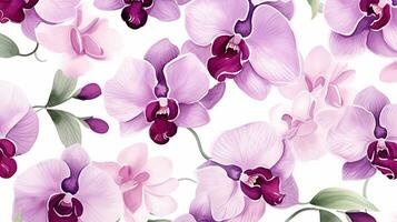 Seamless pattern of Orchid flower in watercolor style isolated on white background. Orchid flower texture background. Generative AI photo