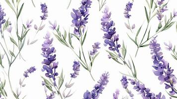 Seamless pattern of Lavender flower in watercolor style isolated on white background. Lavender flower texture background. Generative AI photo