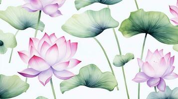 Seamless pattern of Lotus flower in watercolor style isolated on white background. Lotus flower texture background. Generative AI photo