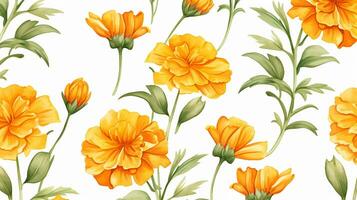 Seamless pattern of Marigold flower in watercolor style isolated on white background. Marigold flower texture background. Generative AI photo