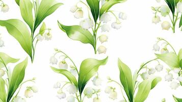 Seamless pattern of Lily of the Valley flower in watercolor style isolated on white background. Lily of the Valley flower texture background. Generative AI photo