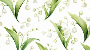 Seamless pattern of Lily of the Valley flower in watercolor style isolated on white background. Lily of the Valley flower texture background. Generative AI photo