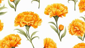 Seamless pattern of Marigold flower in watercolor style isolated on white background. Marigold flower texture background. Generative AI photo