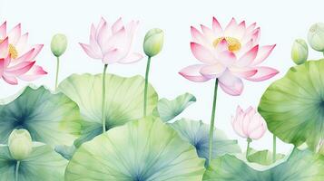 Seamless pattern of Lotus flower in watercolor style isolated on white background. Lotus flower texture background. Generative AI photo