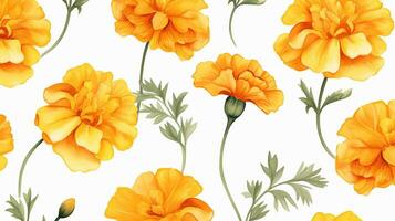 Seamless pattern of Marigold flower in watercolor style isolated on white background. Marigold flower texture background. Generative AI photo