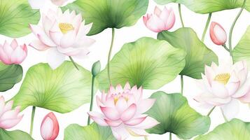 Seamless pattern of Lotus flower in watercolor style isolated on white background. Lotus flower texture background. Generative AI photo