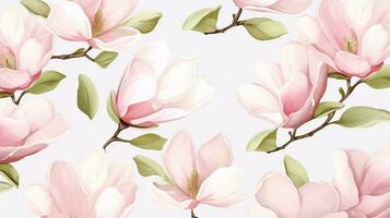 Seamless pattern of Magnolia flower in watercolor style isolated on white background. Magnolia flower texture background. Generative AI photo