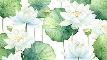 Seamless pattern of Lotus flower in watercolor style isolated on white background. Lotus flower texture background. Generative AI photo