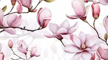 Seamless pattern of Magnolia flower in watercolor style isolated on white background. Magnolia flower texture background. Generative AI photo