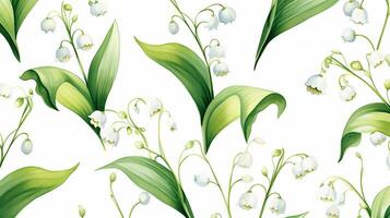 Seamless pattern of Lily of the Valley flower in watercolor style isolated on white background. Lily of the Valley flower texture background. Generative AI photo