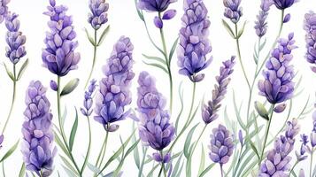 Seamless pattern of Lavender flower in watercolor style isolated on white background. Lavender flower texture background. Generative AI photo