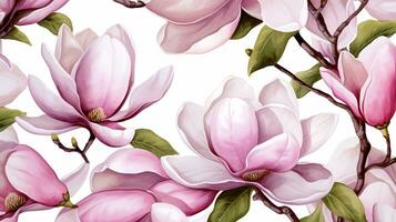Seamless pattern of Magnolia flower in watercolor style isolated on white background. Magnolia flower texture background. Generative AI photo