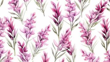 Seamless pattern of Heather flower in watercolor style isolated on white background. Heather flower texture background. Generative AI photo