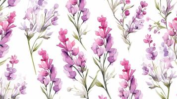 Seamless pattern of Heather flower in watercolor style isolated on white background. Heather flower texture background. Generative AI photo