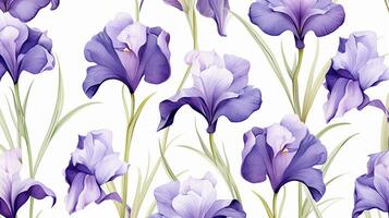 Seamless pattern of Iris flower in watercolor style isolated on white background. Iris flower texture background. Generative AI photo