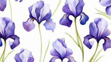 Seamless pattern of Iris flower in watercolor style isolated on white background. Iris flower texture background. Generative AI photo